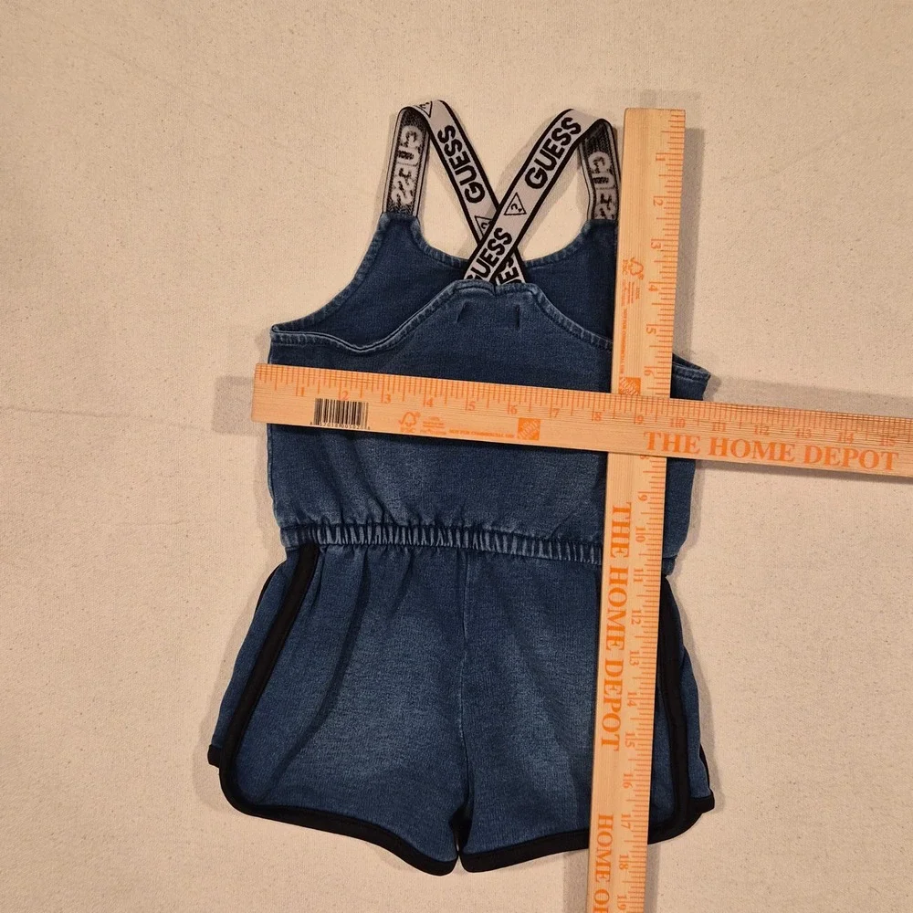 Guess Girls Denim Blue Romper Logo Straps Beaded Pocket Size 3